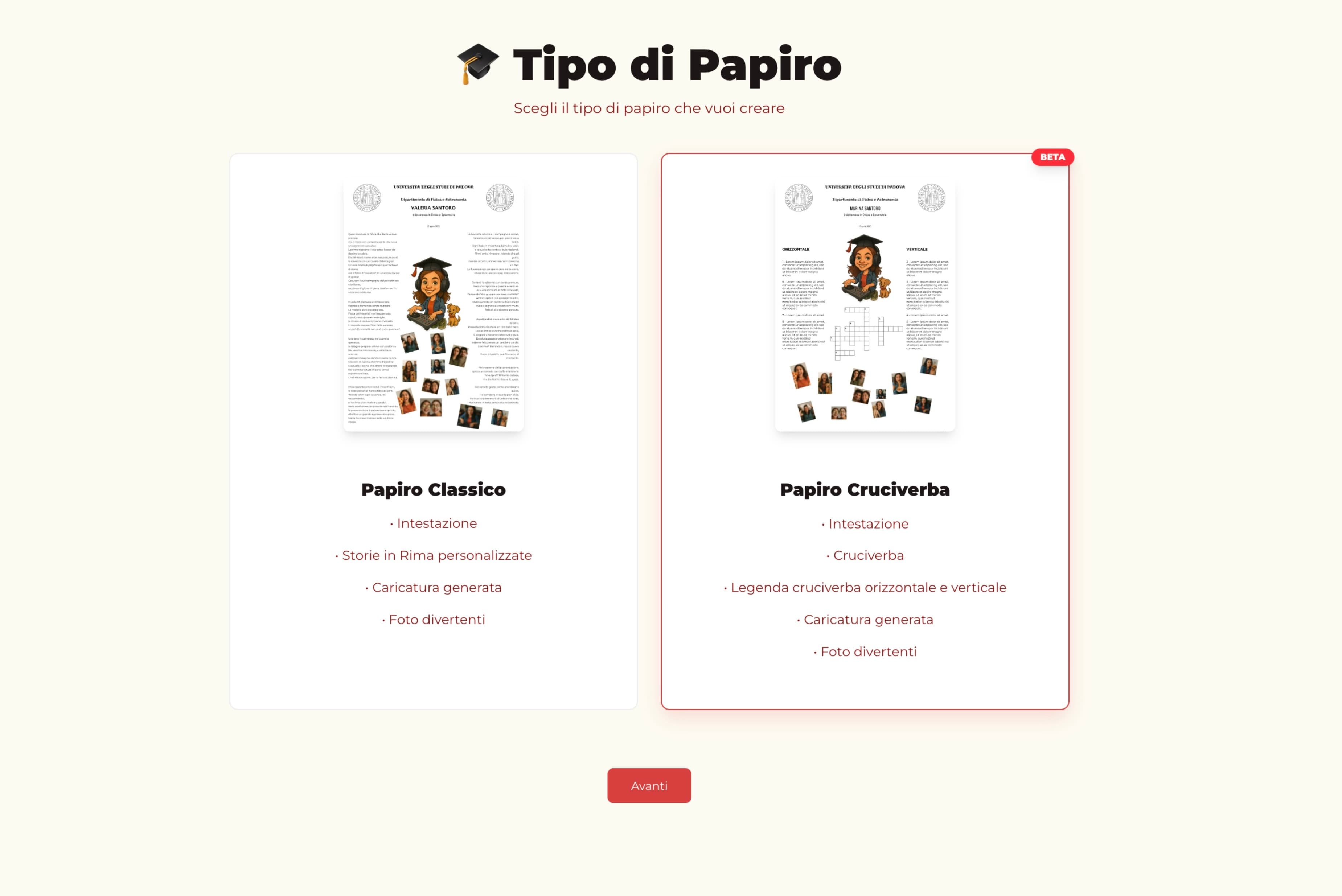 Schermata di selezione del tipo con opzione cruciverba