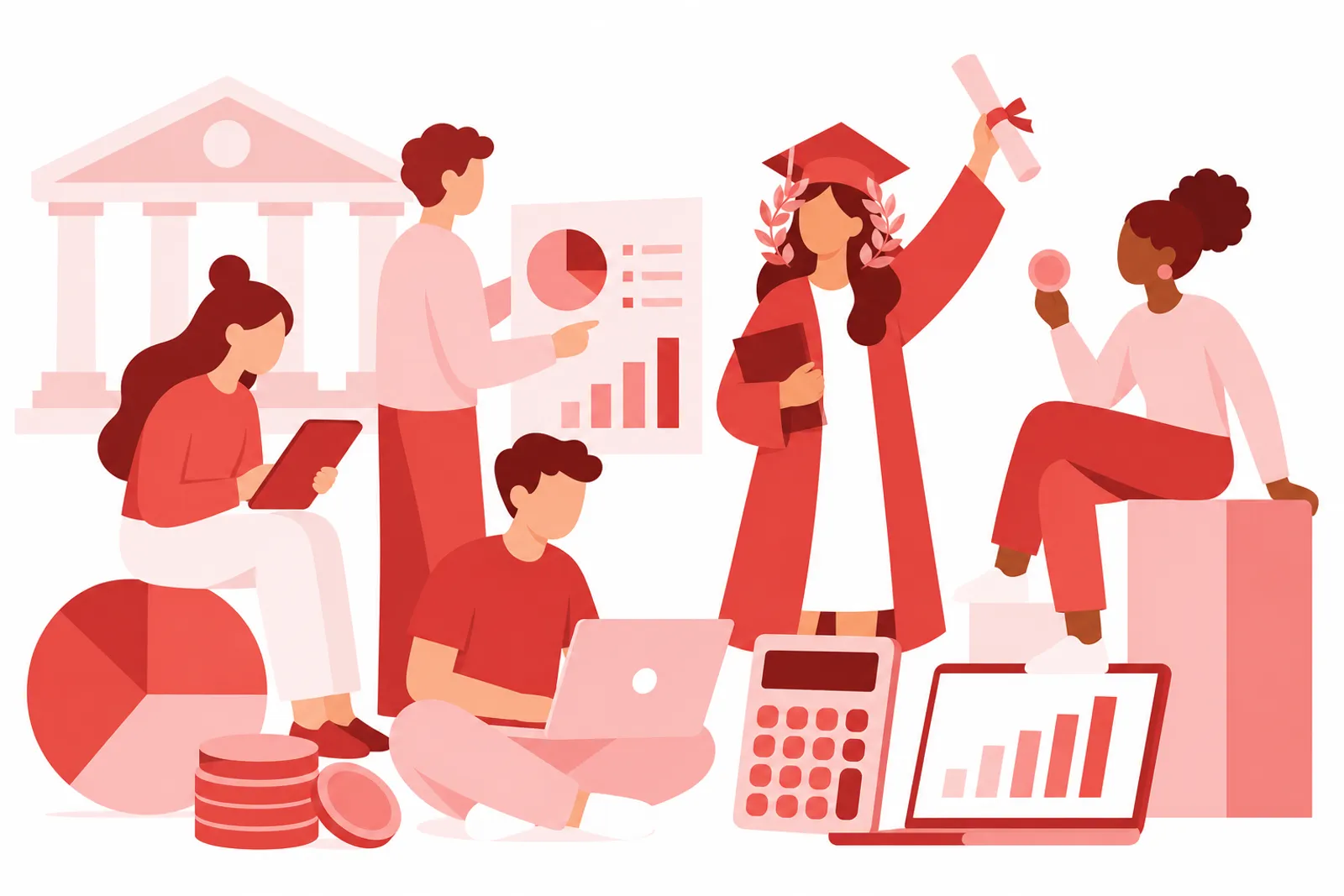 Illustrazione: studenti e laureati di Economia
