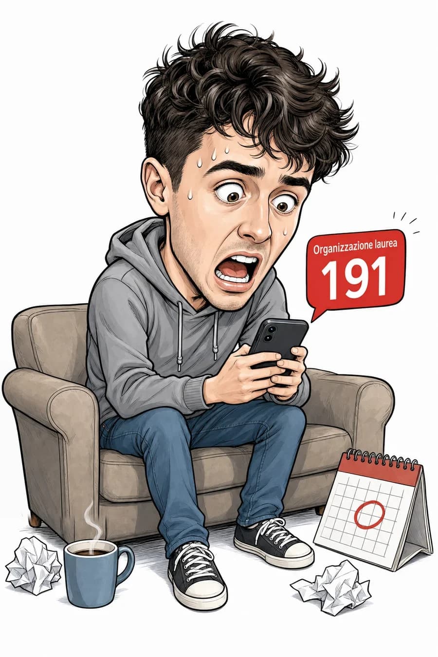 Caricatura di un ragazzo nel panico davanti a 191 messaggi del gruppo dell’organizzazione della laurea