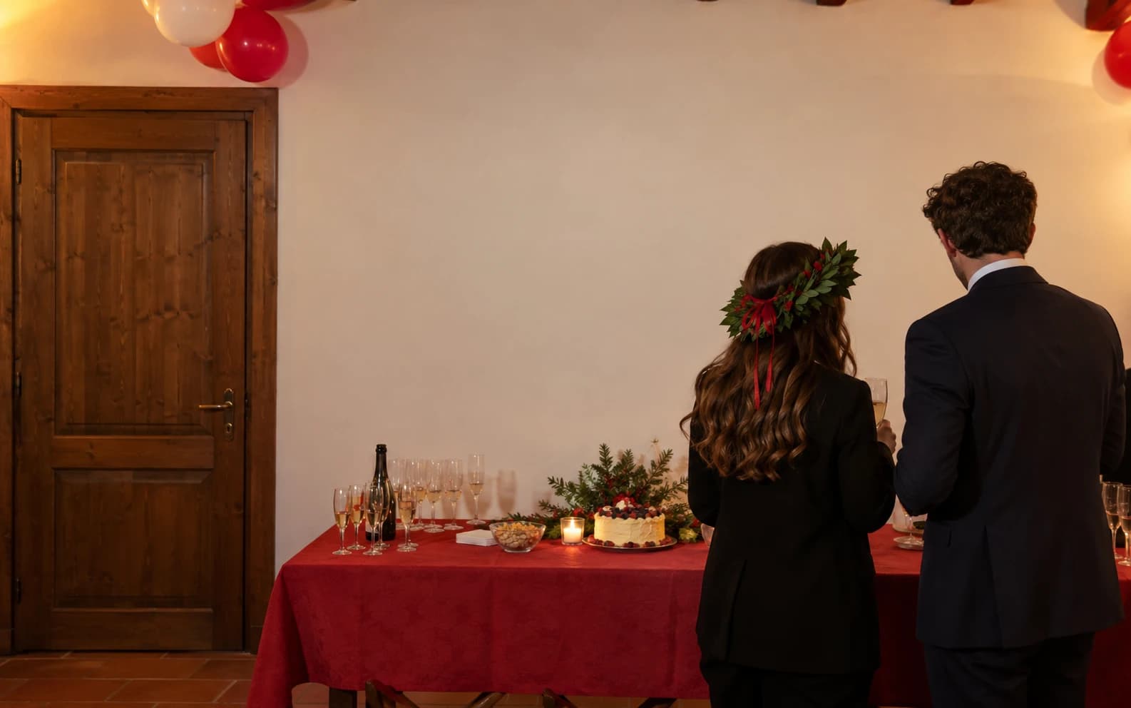 Un papiro di laurea in formato A0 (84 × 119 cm) appeso alla festa, accanto a una porta alta 2,10 m